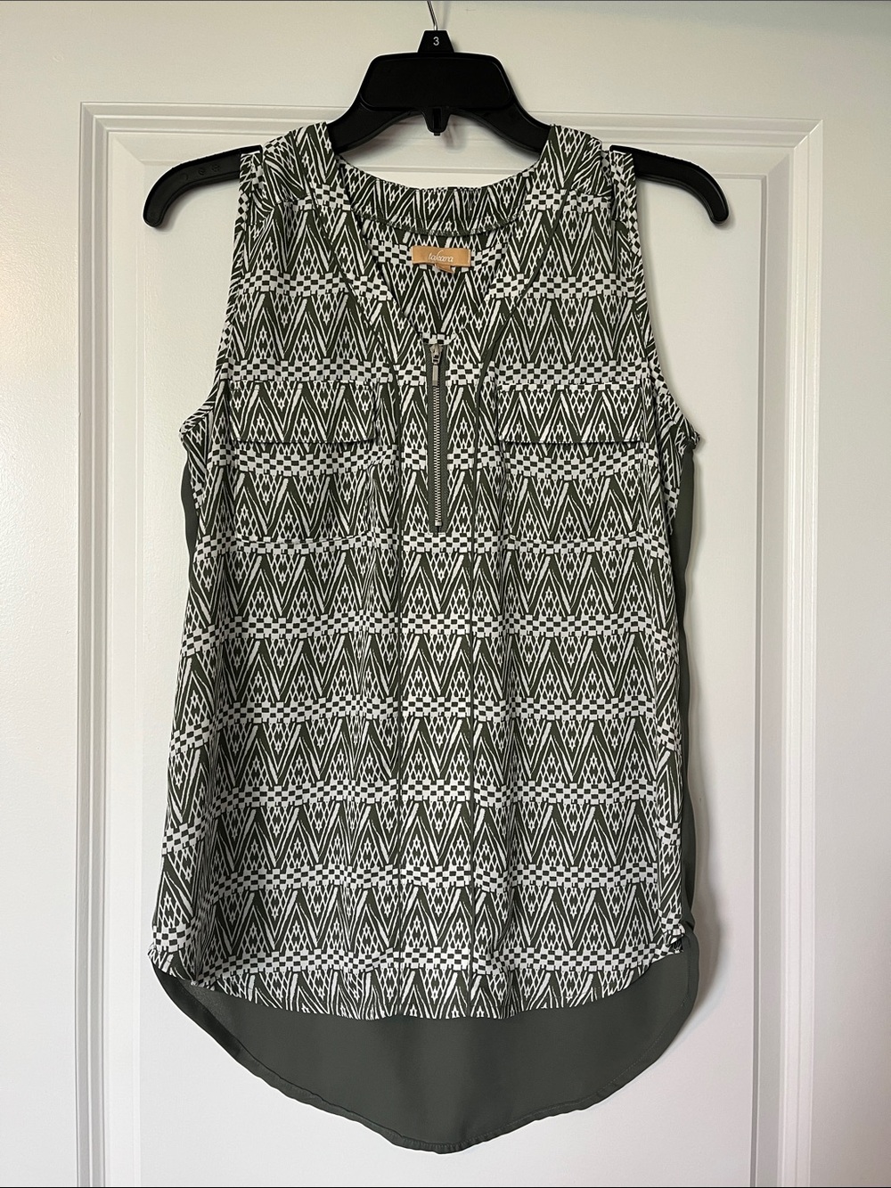 Takara Olive & White Geo Print Zip-Front Sleeveless Top